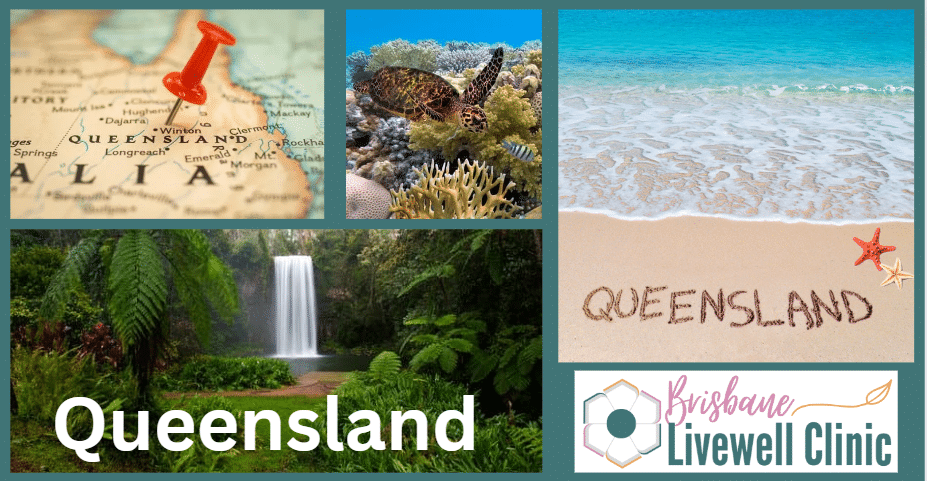 Queensland - Locations we Service. Various images representing Queensland. Brisbane Livewell Clinic logo.
