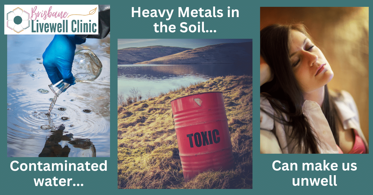 Heavy Metal Toxicity. Image of contaminated water and soil and a sick woman