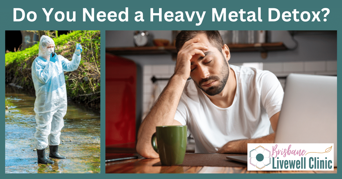 Heavy Metals Detox Australia. Scientist testing water plus sick man. Brisbane Livewell Clinic Logo